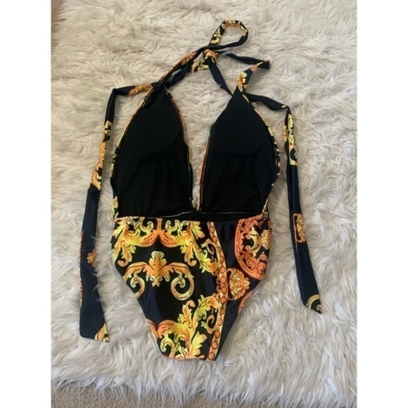 Orange, Yellow and black one piece low V cut Swim suit size Large - Picture 11 of 11